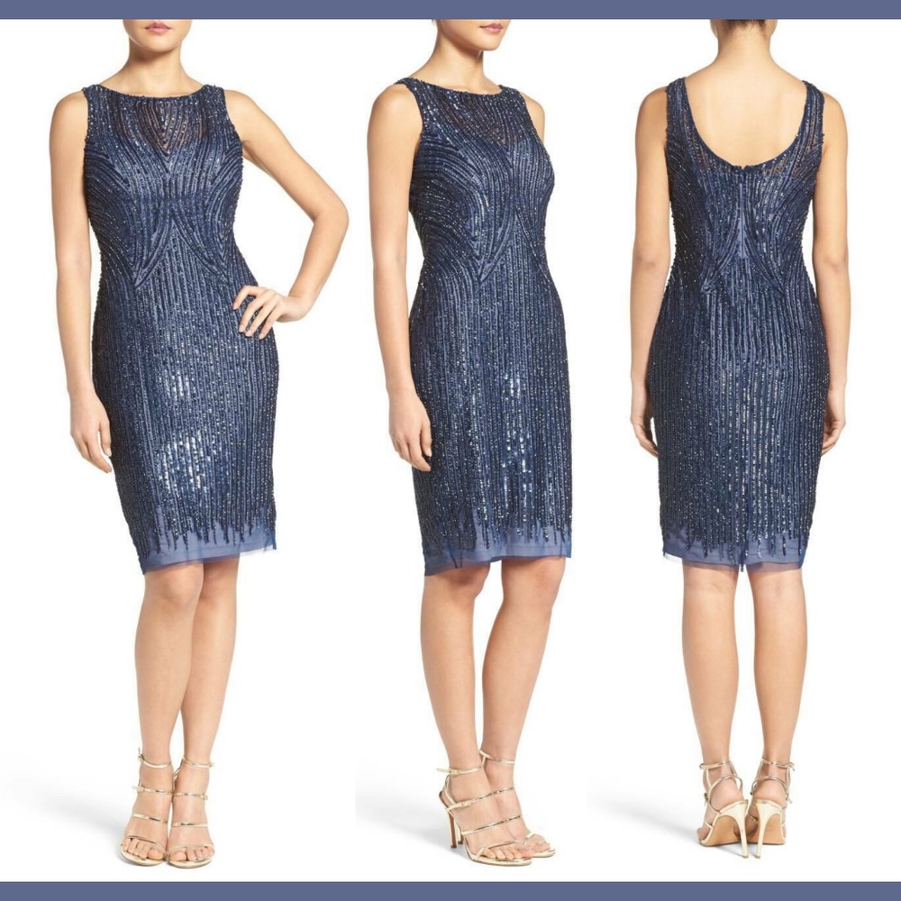 NWT Adrianna‎ Papell Embellished Mesh Sheath Dress in Navy Blue [SZ 8 US ]